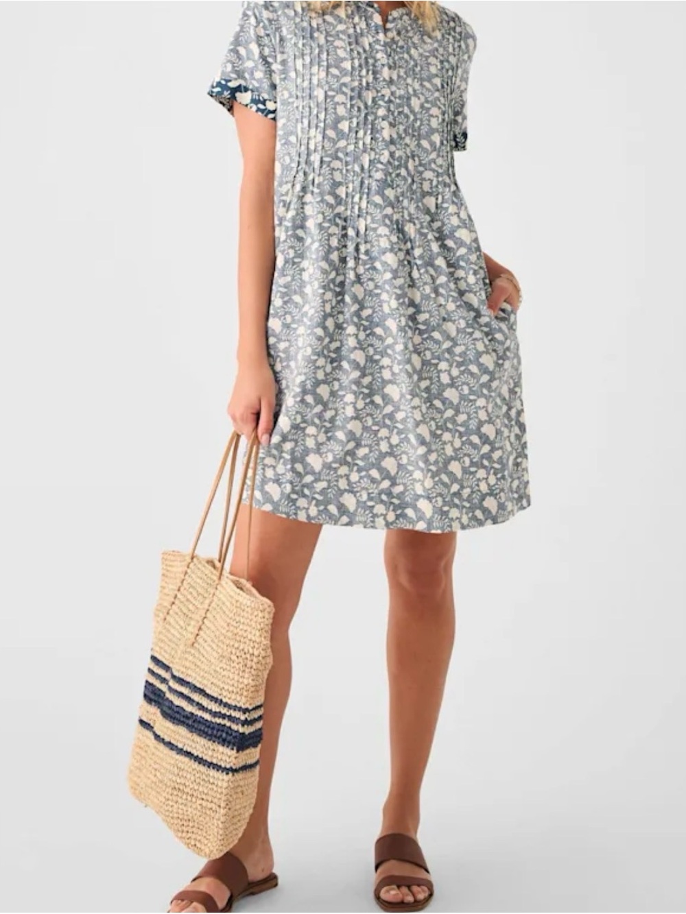 Faherty Gemina Dress Blue Floral Short Sleeve Shift Dress Linen Blend Small